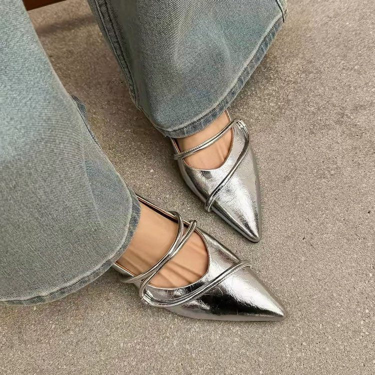 Ballerines Bout Pointu avec Lanières Ajustables pour Femme - Argent