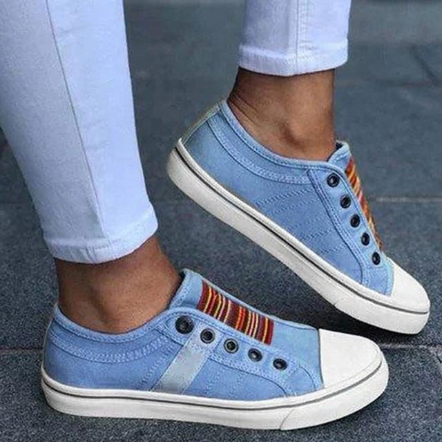 Baskets à Lacets Rayées pour Femme - Bleu