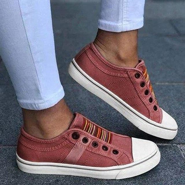 Baskets à Lacets Rayées pour Femme - Rouge