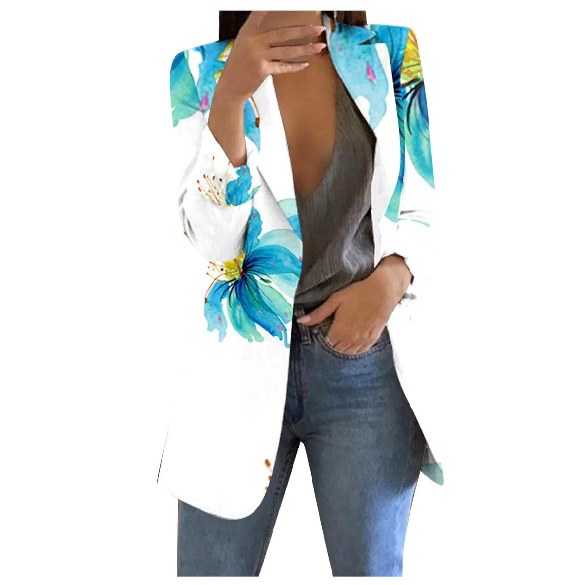 Blazer Cropped Imprimé pour Femme - Bleu-blanc