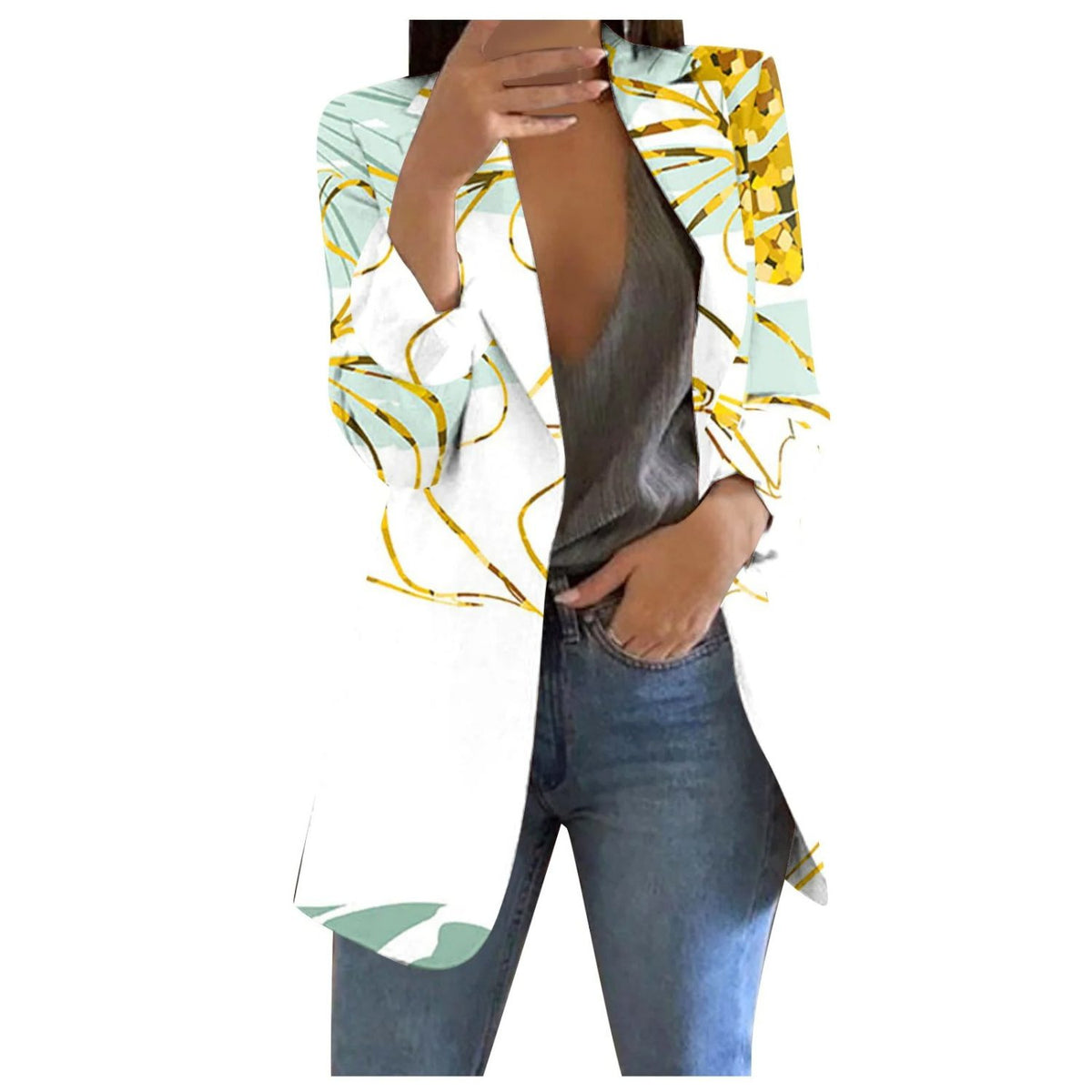 Blazer Cropped Imprimé pour Femme - Jaune-blanc