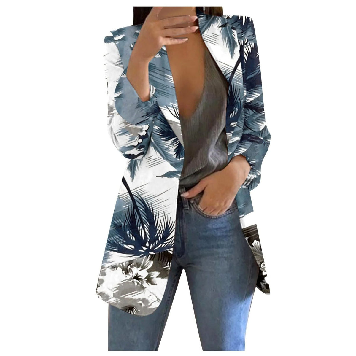 Blazer Cropped Imprimé pour Femme - Gris-blanc