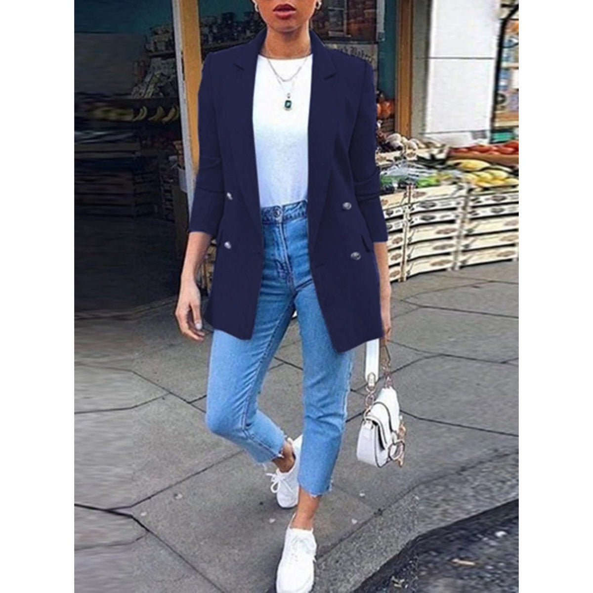 Blazer Oversize à Double Boutonnage pour Femme - Bleu Foncé