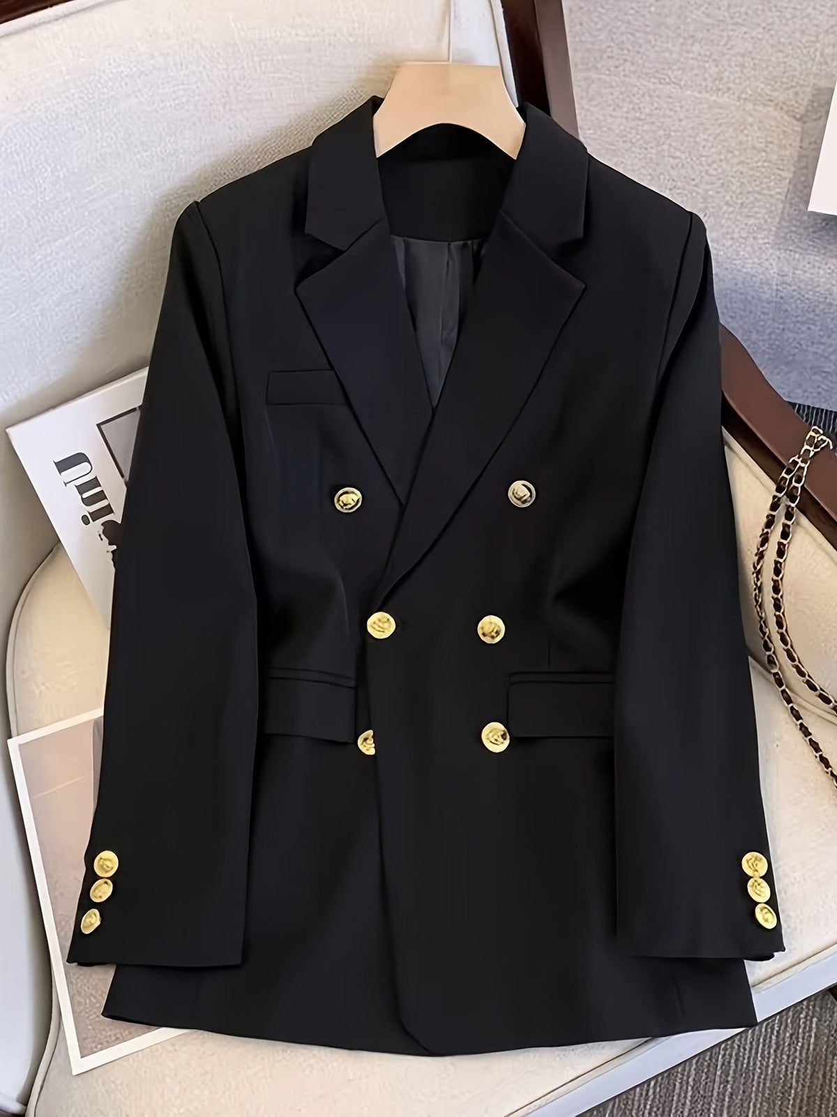 Blazer Slim Fit à Boutons Dorés pour Femme - Noir