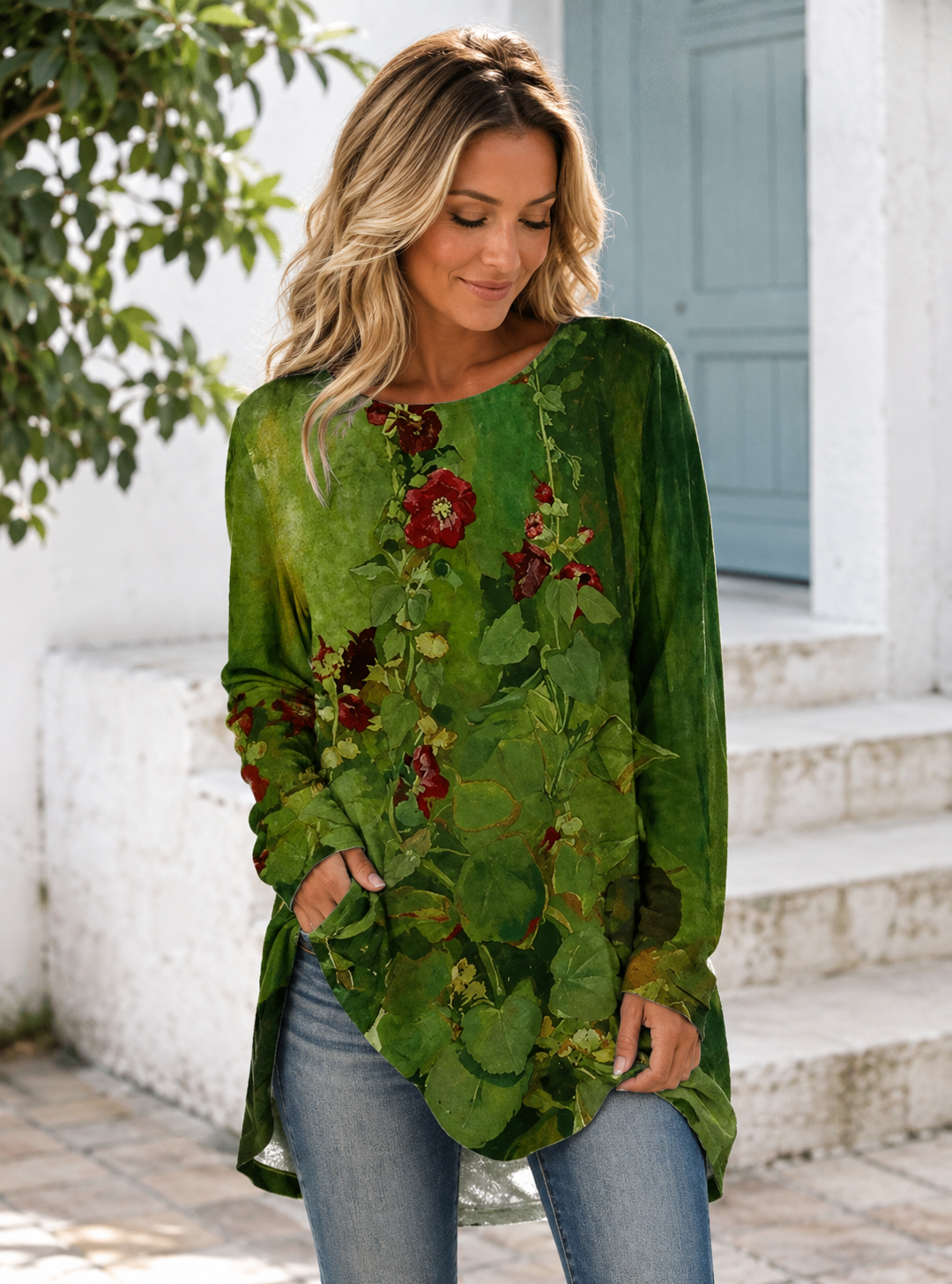 Blouse à Imprimé Floral avec Manches Longues pour Femme