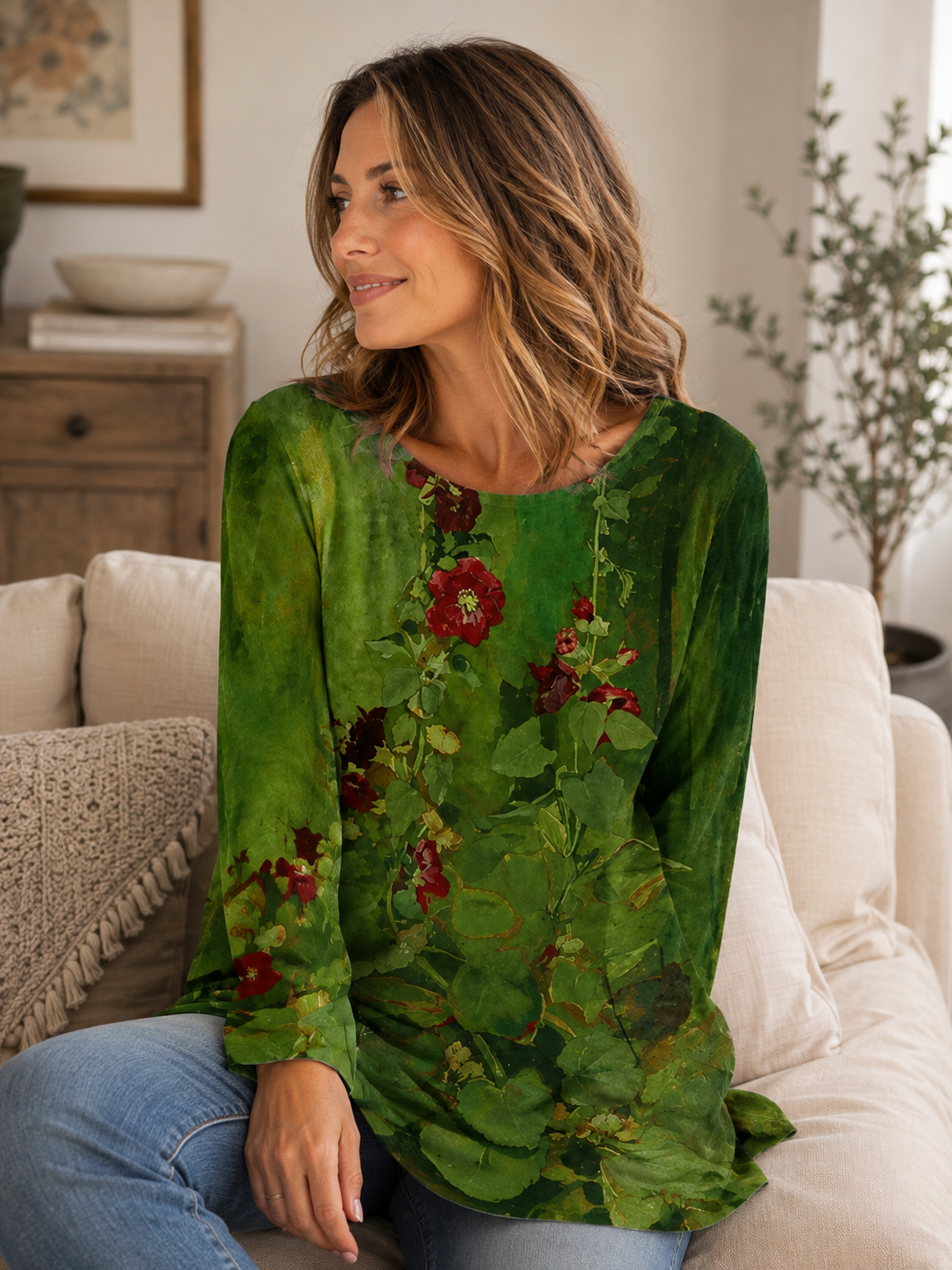 Blouse à Imprimé Floral avec Manches Longues pour Femme