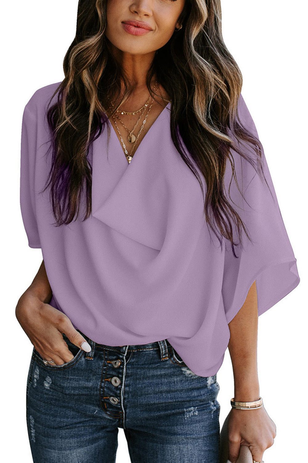 Blouse Col Bénitier Manches Courtes pour Femme - Lilas clair