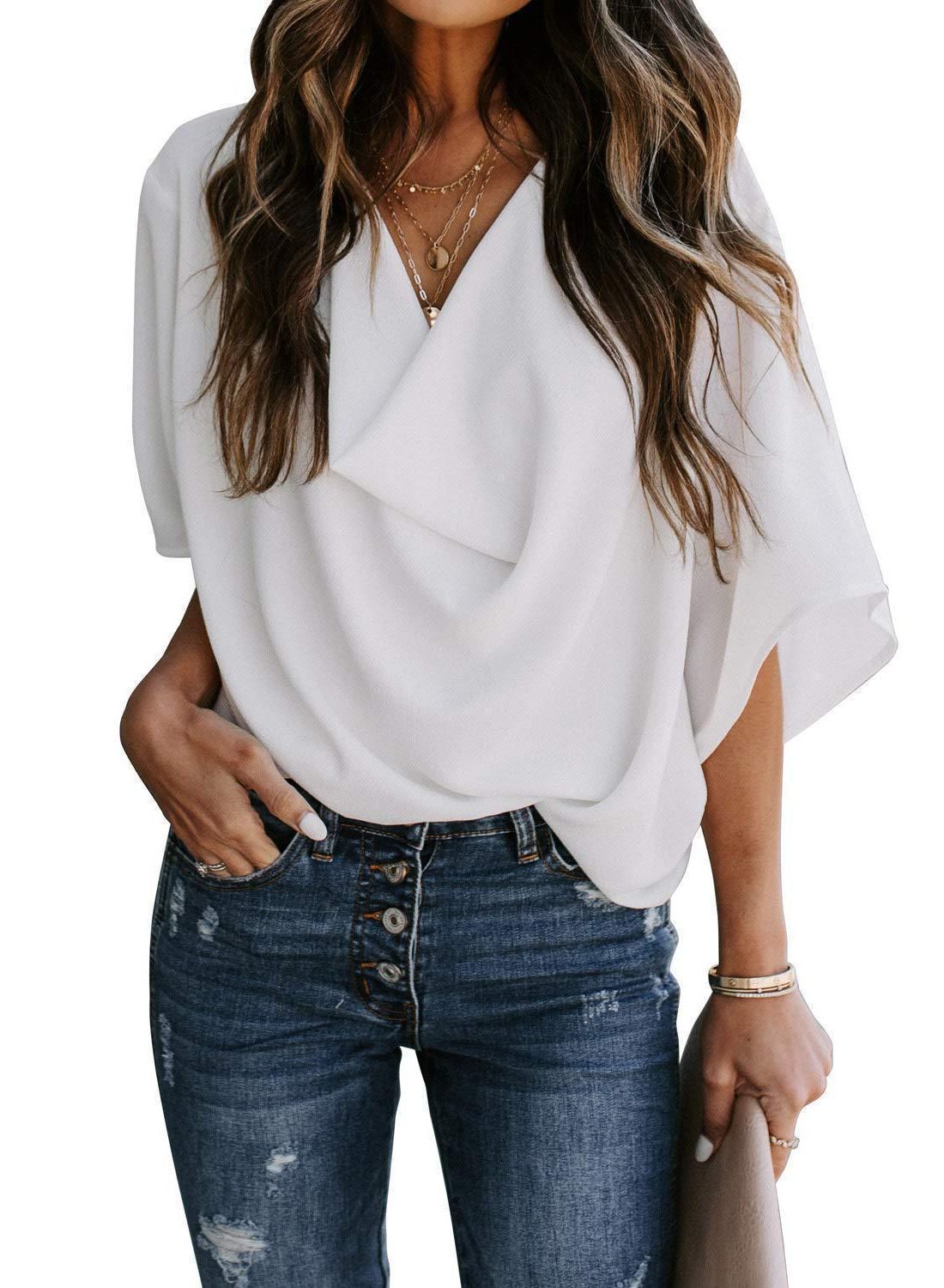 Blouse Col Bénitier Manches Courtes pour Femme - Blanc