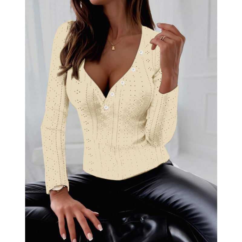 Blouse à Col V avec Détails Boutons pour Femme - Jaune