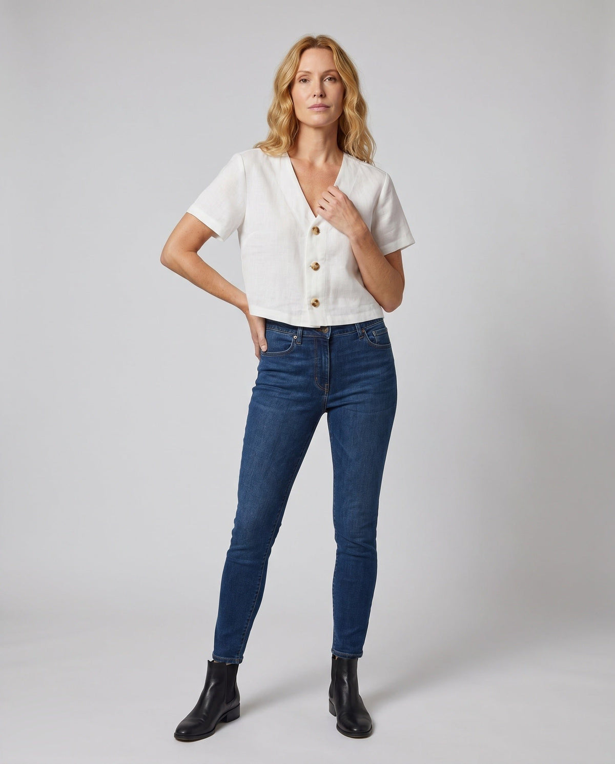 Blouse Courte en Lin avec Col V pour Femme