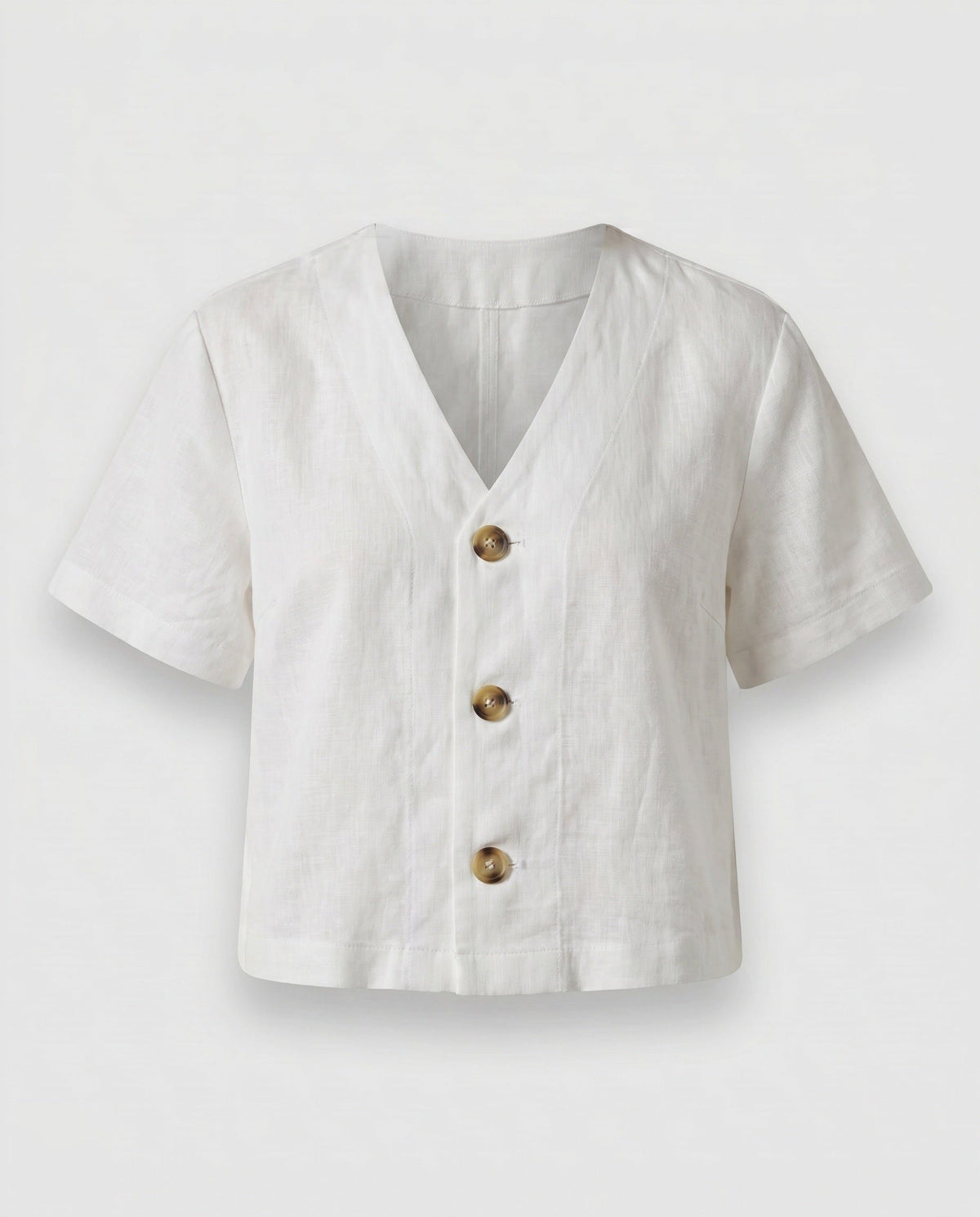 Blouse Courte en Lin avec Col V pour Femme - Blanc