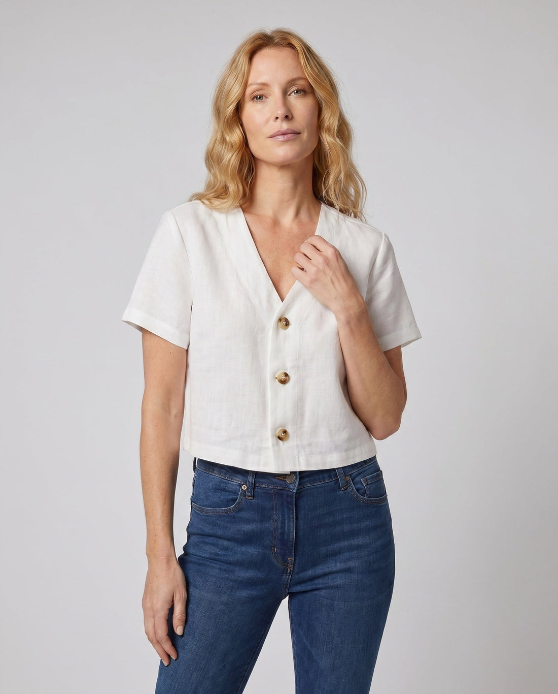 Blouse Courte en Lin avec Col V pour Femme