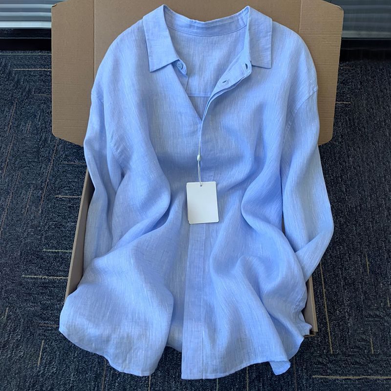 Blouse en Lin à Manches Longues Col Chemise pour Femme - Bleu ciel