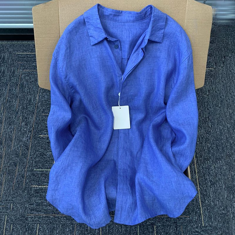 Blouse en Lin à Manches Longues Col Chemise pour Femme - Bleu marine