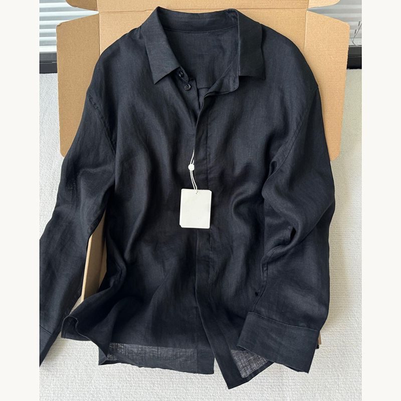 Blouse en Lin à Manches Longues Col Chemise pour Femme - Noir