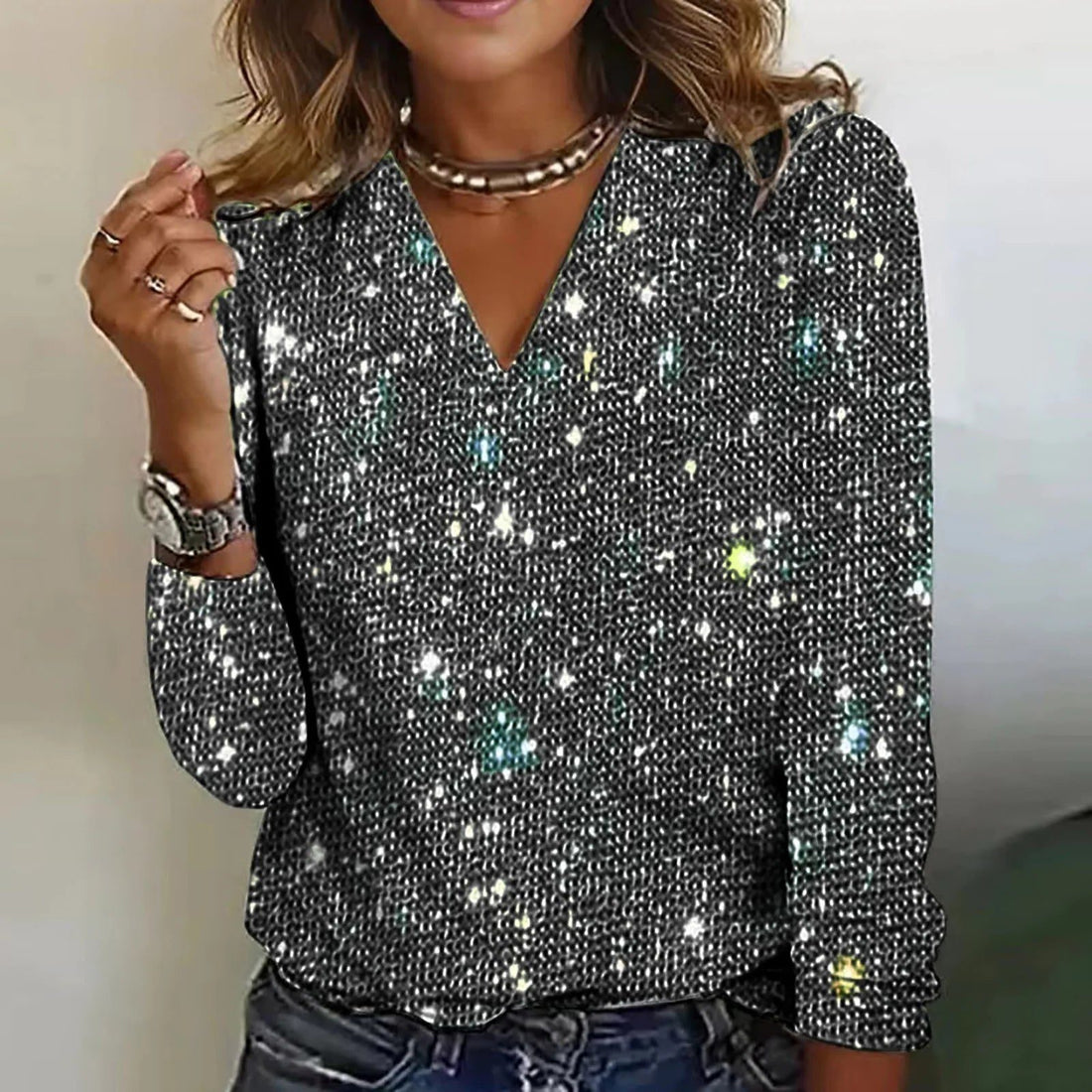 Blouse à Paillettes Col V Manches Longues pour Femme