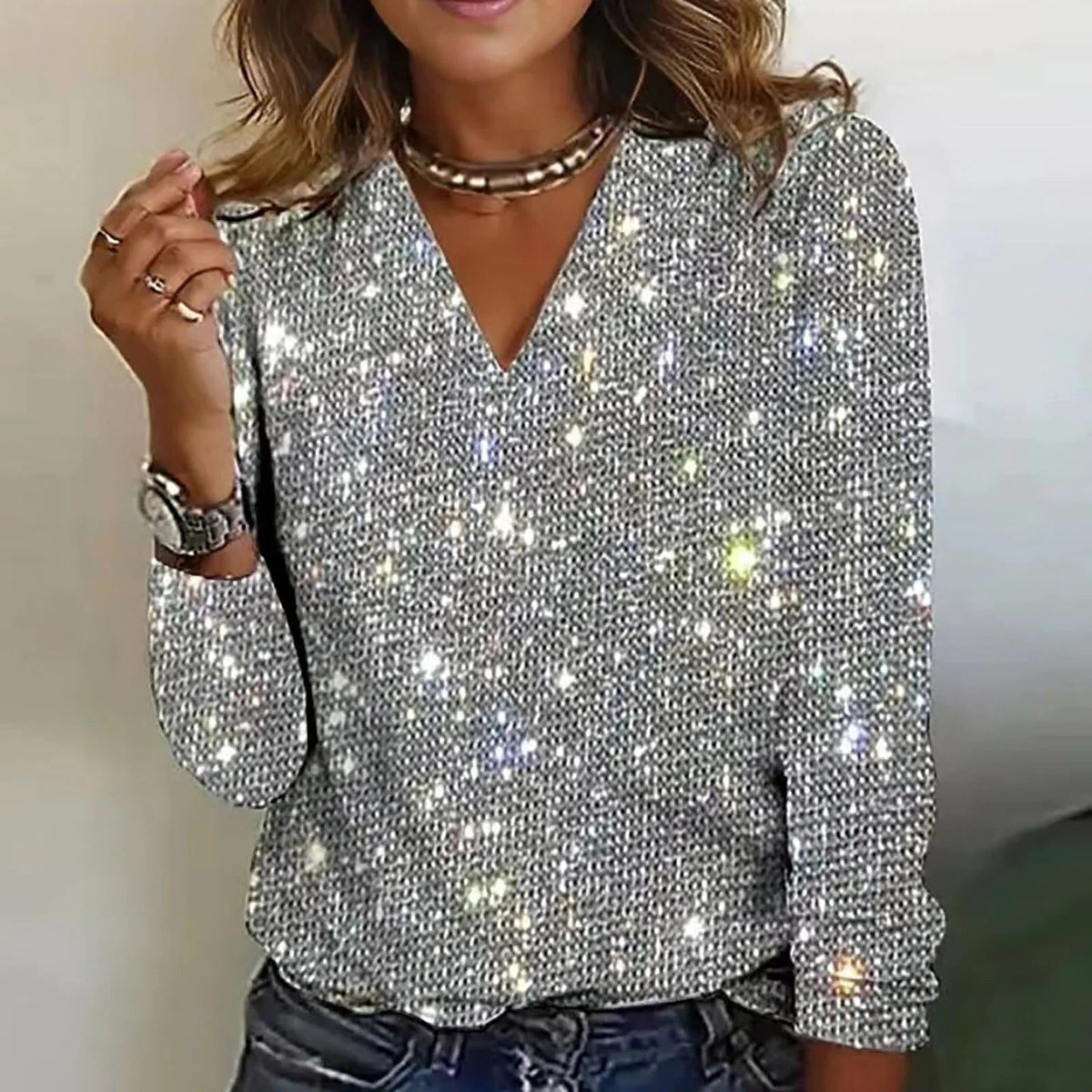 Blouse à Paillettes Col V Manches Longues pour Femme - Gris clair