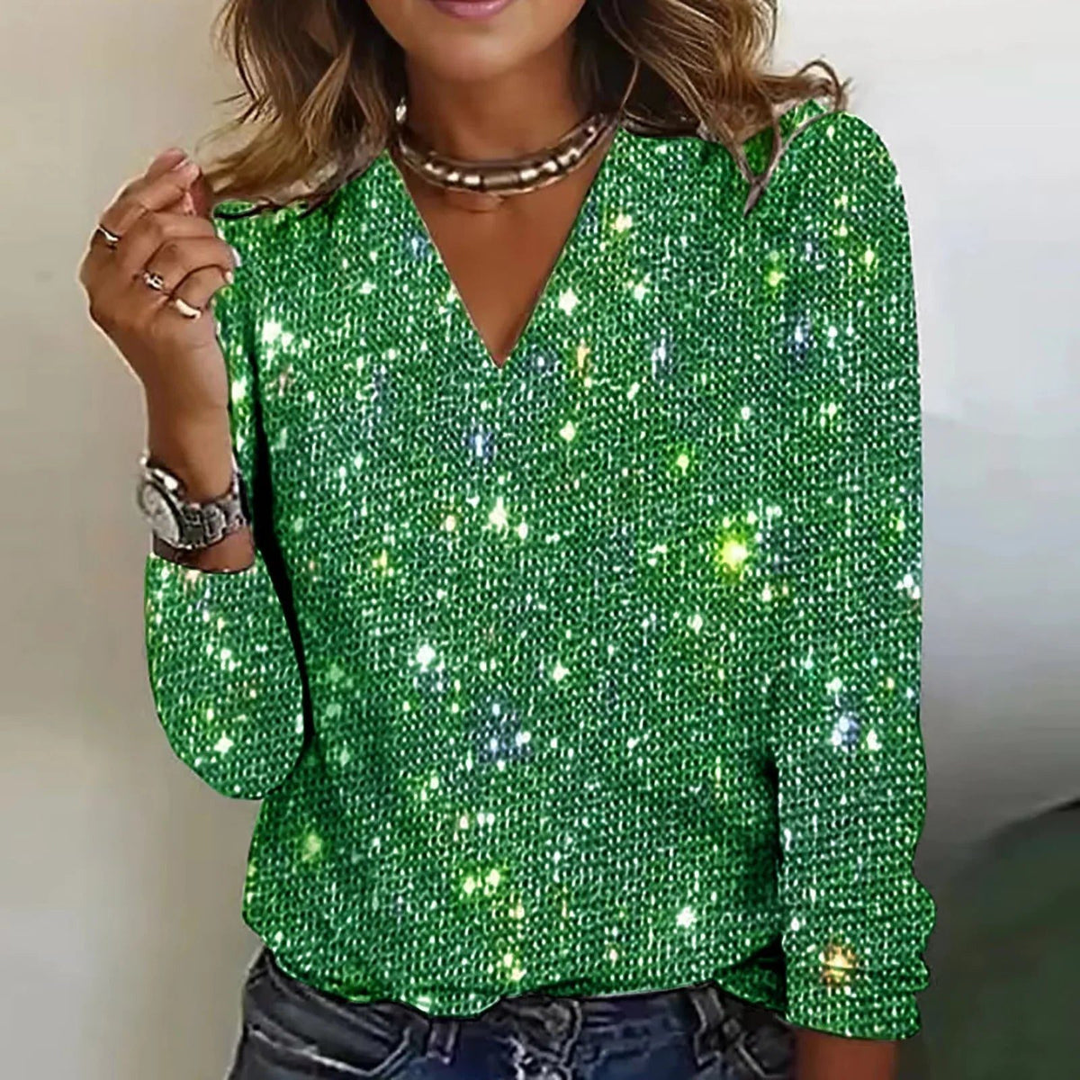 Blouse à Paillettes Col V Manches Longues pour Femme - Vert