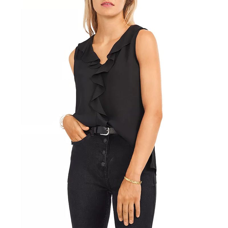 Blouse à Volants sans Manches pour Femme - Noir