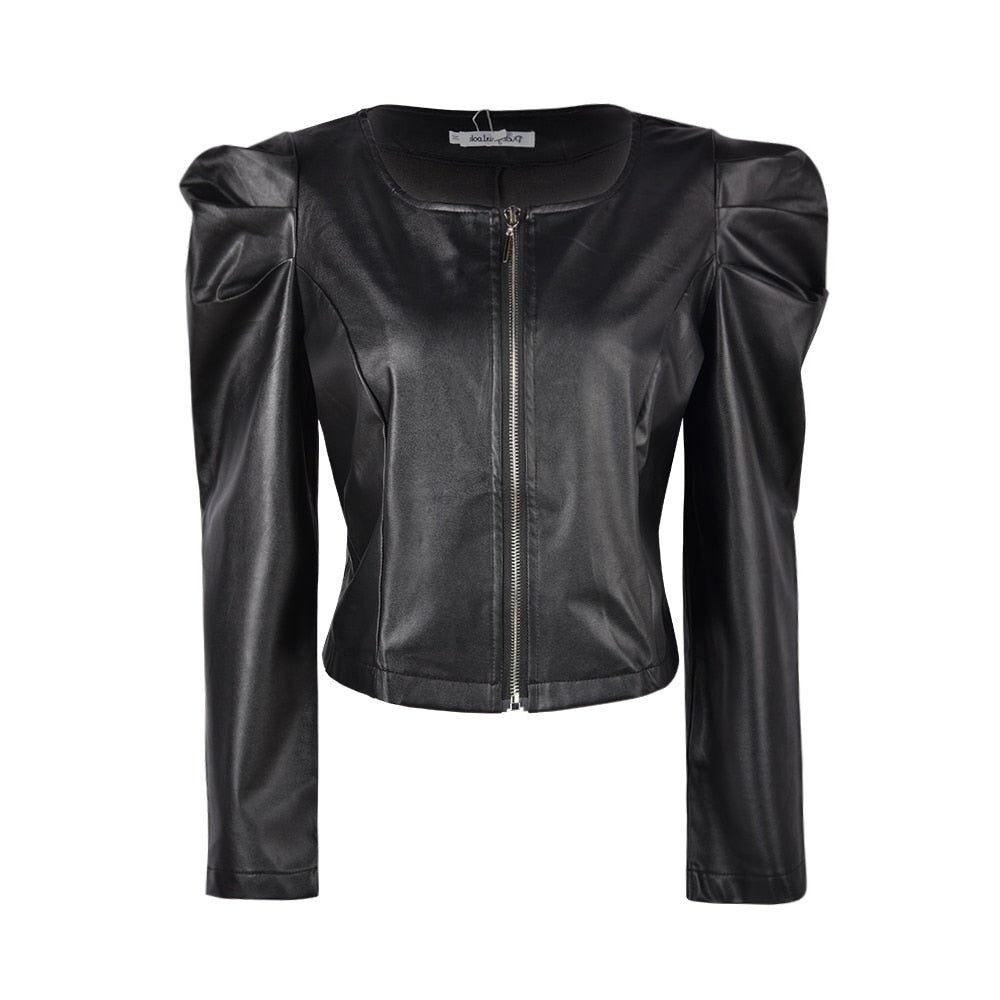 Blouson en Cuir avec Fermeture Éclair et Manches Volumineuses pour Femme