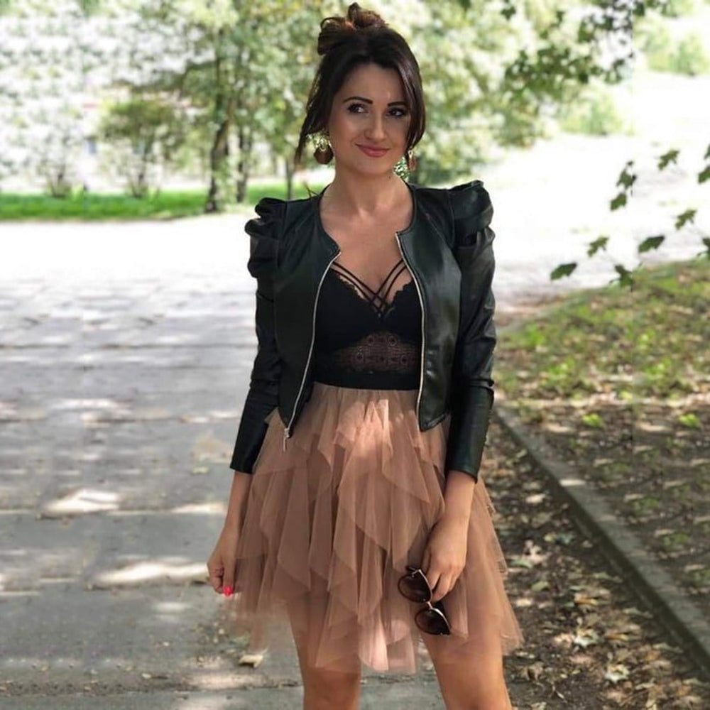 Blouson en Cuir avec Fermeture Éclair et Manches Volumineuses pour Femme