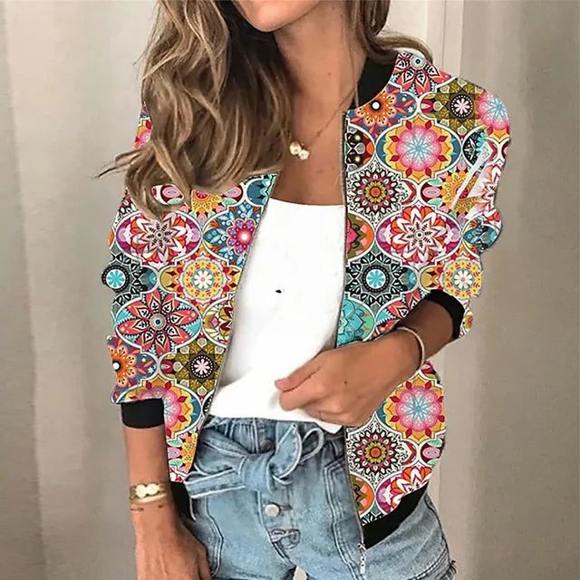 Blouson à Fleurs avec Fermeture Éclair pour Femme - Multicolore