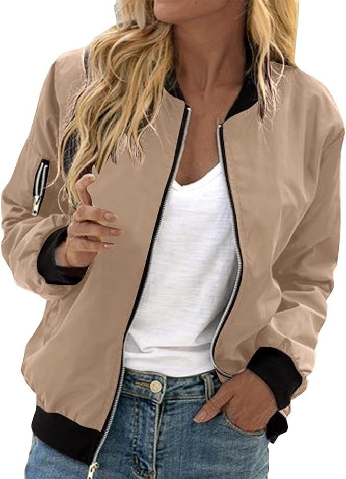 Bomber à Fleurs avec Fermeture Éclair pour Femme - 4-Khaki