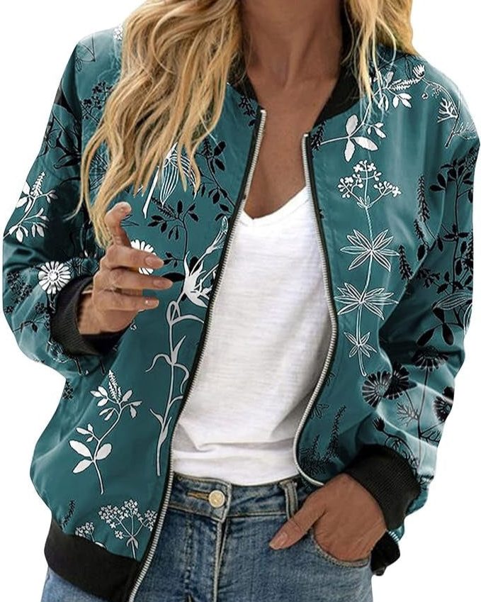 Bomber à Fleurs avec Fermeture Éclair pour Femme - View 12