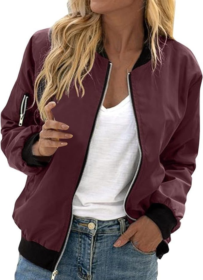 Bomber à Fleurs avec Fermeture Éclair pour Femme - 4-Rouge