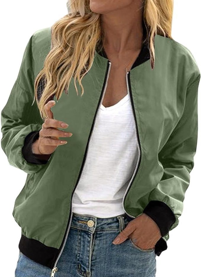 Bomber à Fleurs avec Fermeture Éclair pour Femme - 5-Vert