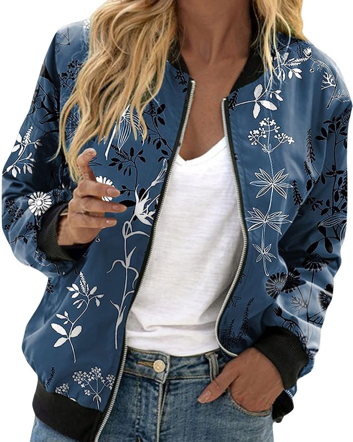 Bomber à Fleurs avec Fermeture Éclair pour Femme - 1-Marine