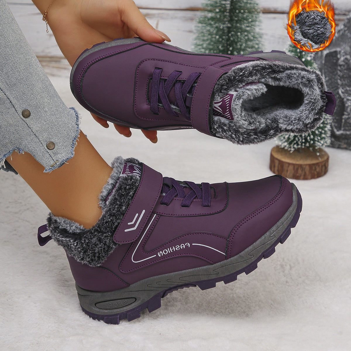 Bottes de Randonnée Doublure Polaire avec Semelle Antidérapante pour Femme - Violet foncé