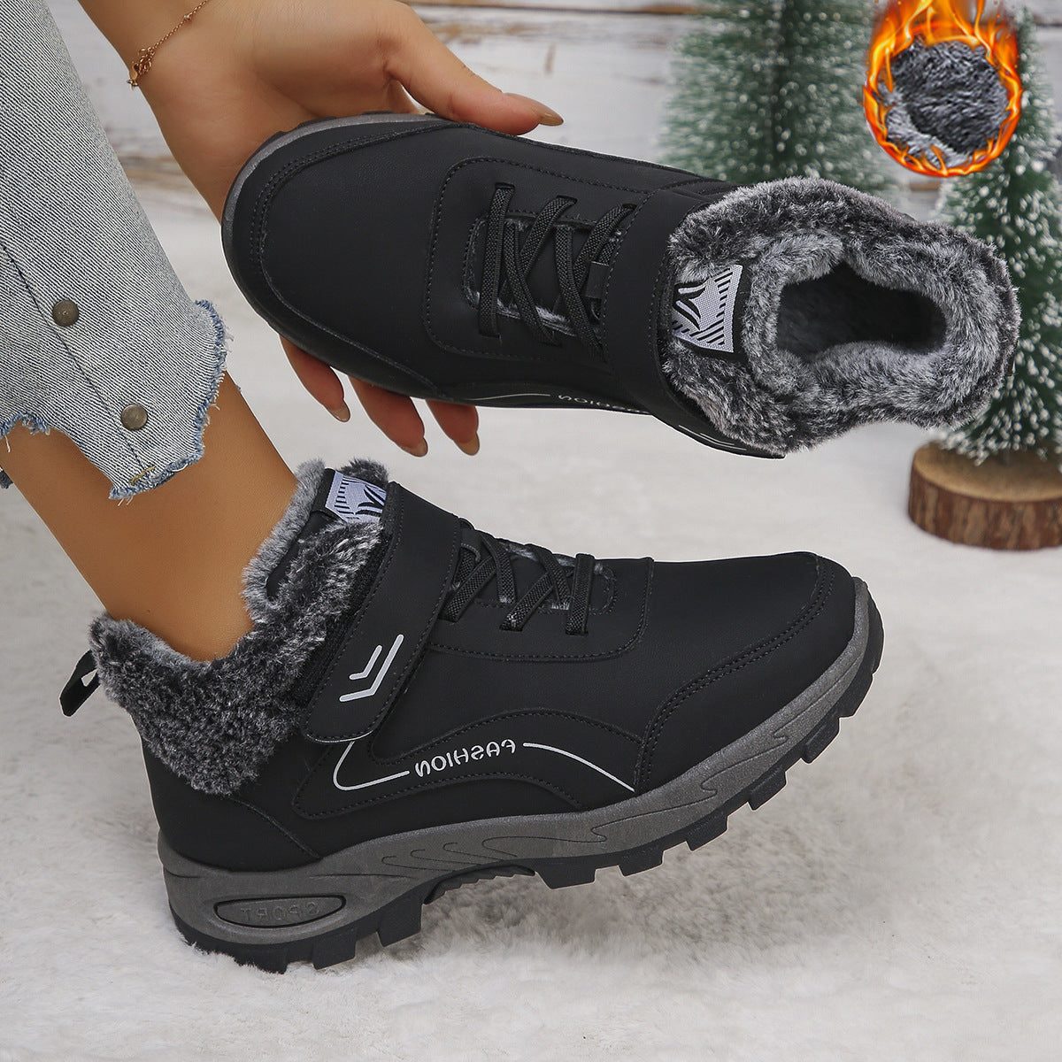Bottes de Randonnée Doublure Polaire avec Semelle Antidérapante pour Femme - Noir