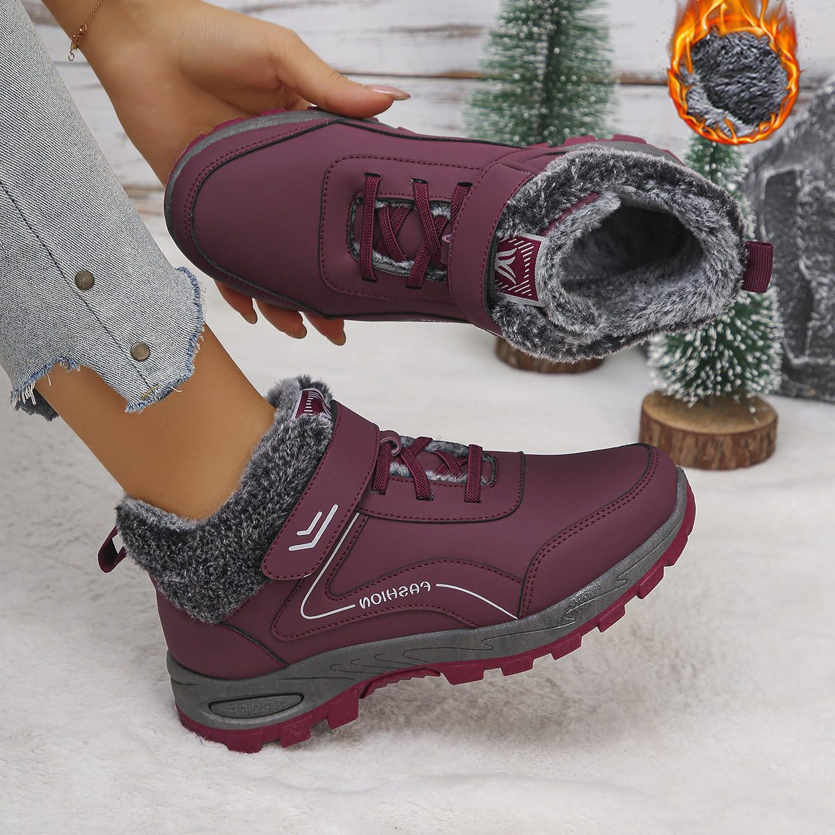 Bottes de Randonnée Doublure Polaire avec Semelle Antidérapante pour Femme - Rouge bordeaux