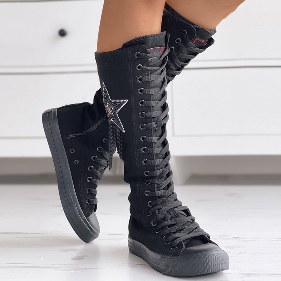 Bottes Montantes Lacées en Toile avec Motif Étoile pour Femme