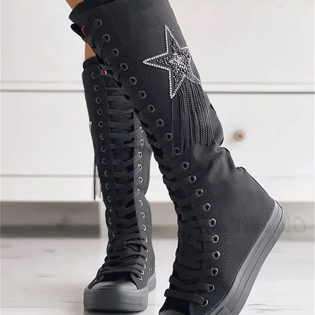 Bottes Montantes Lacées en Toile avec Motif Étoile pour Femme