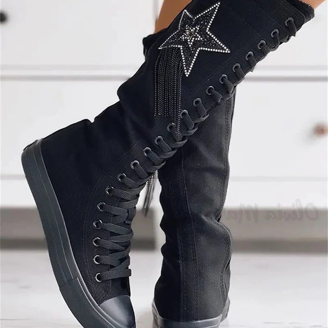 Bottes Montantes Lacées en Toile avec Motif Étoile pour Femme