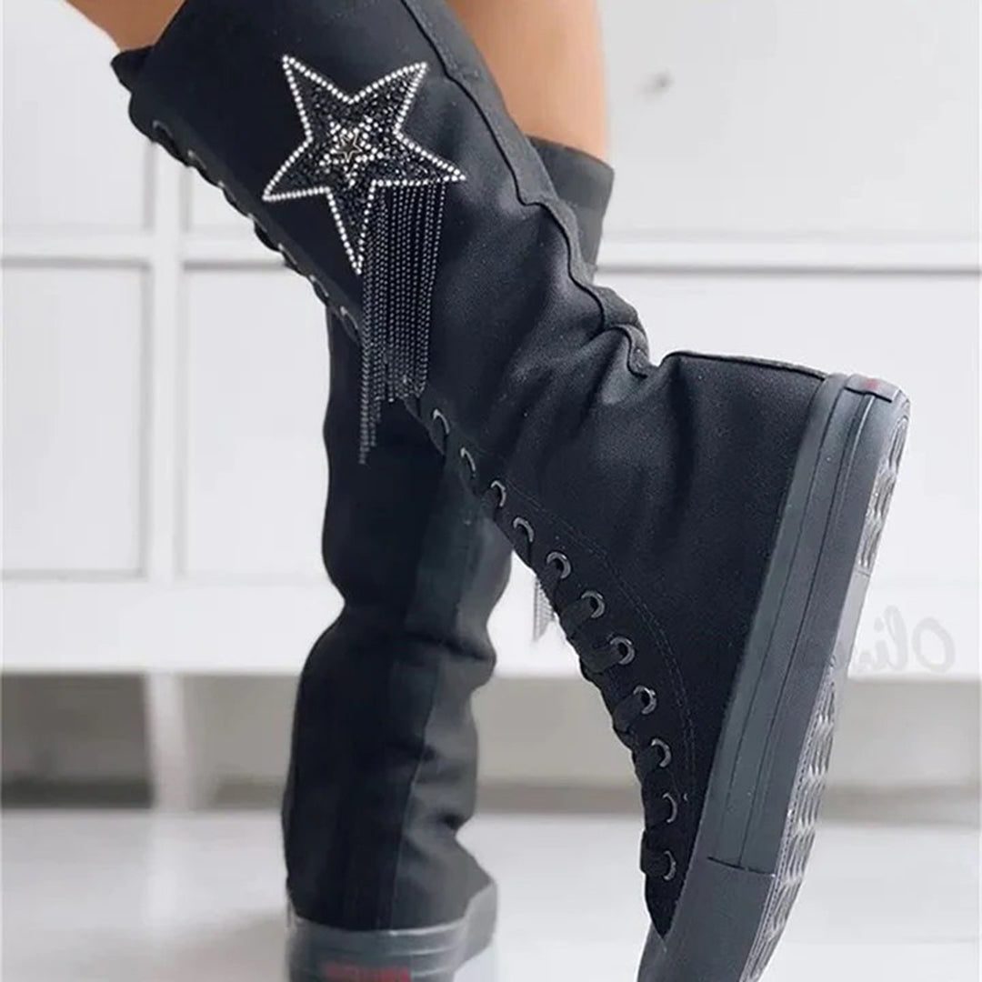 Bottes Montantes Lacées en Toile avec Motif Étoile pour Femme