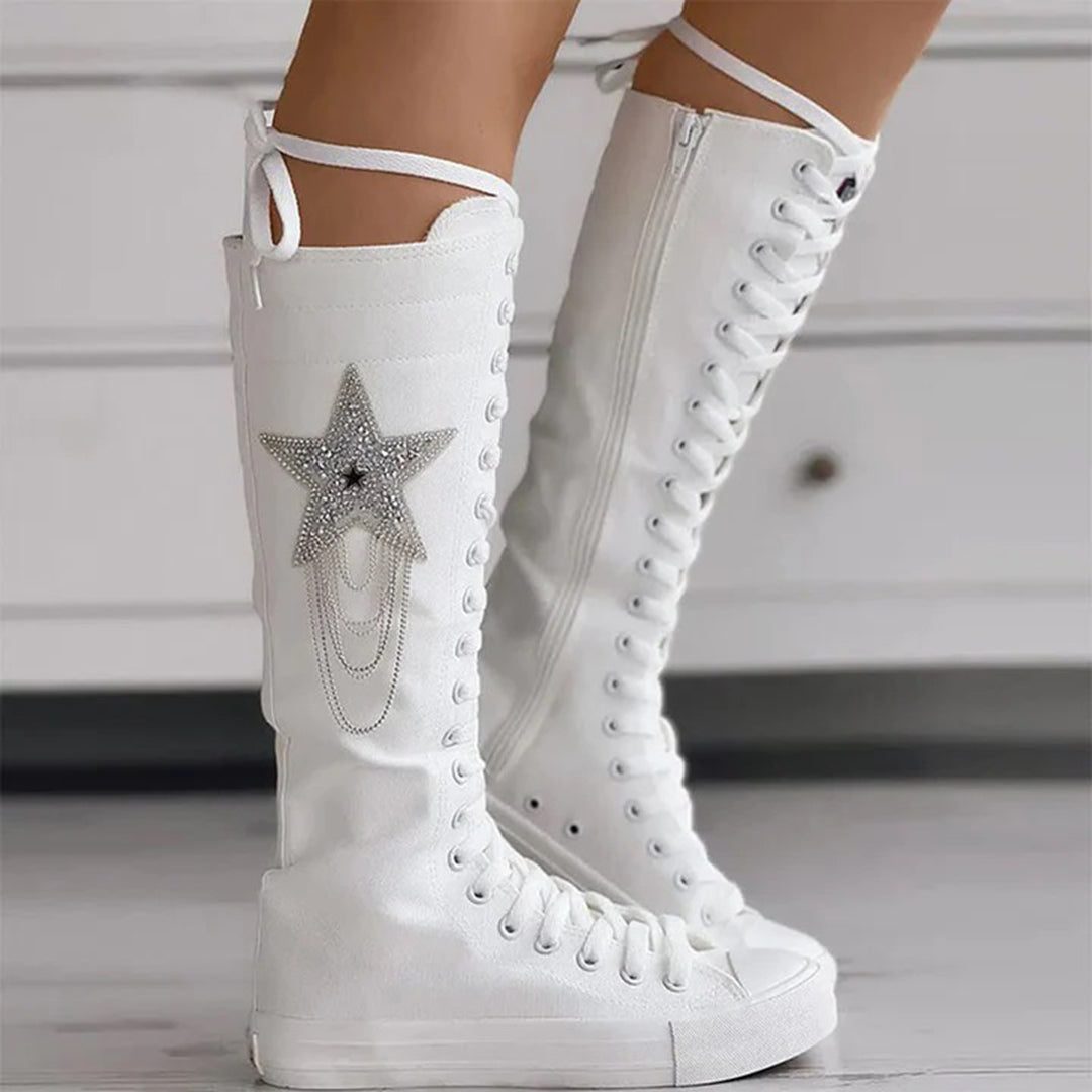 Bottes Montantes Lacées en Toile avec Motif Étoile pour Femme