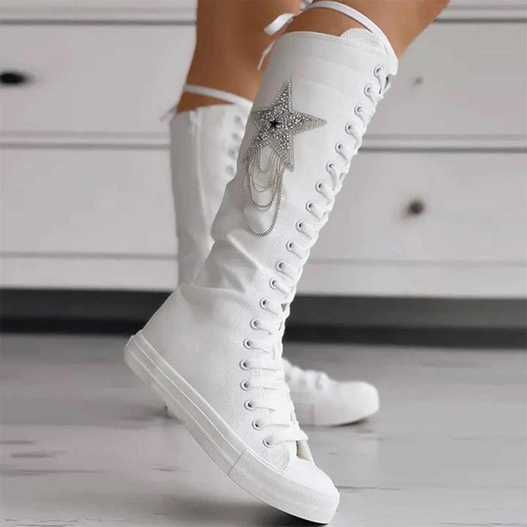 Bottes Montantes Lacées en Toile avec Motif Étoile pour Femme