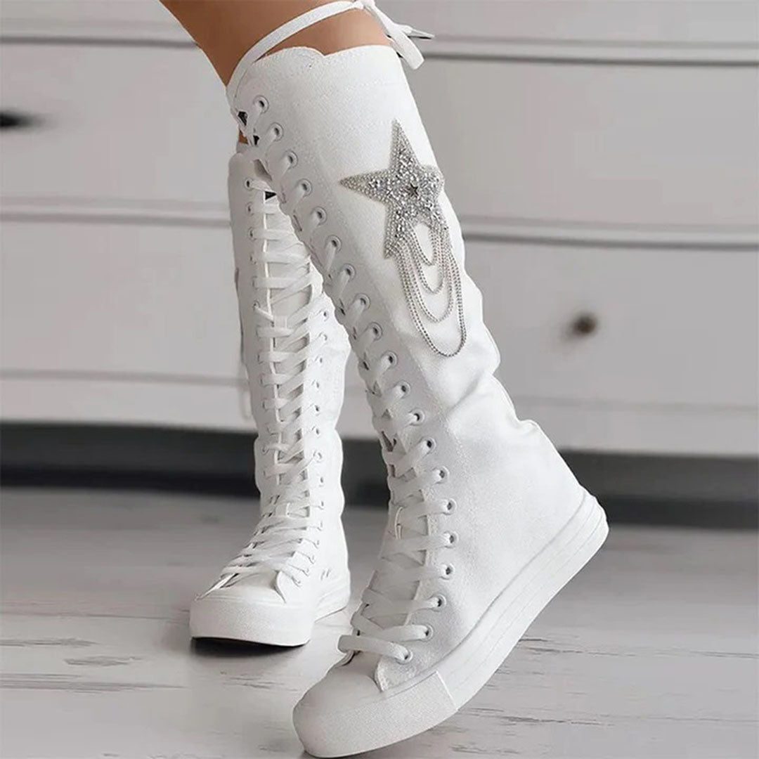 Bottes Montantes Lacées en Toile avec Motif Étoile pour Femme