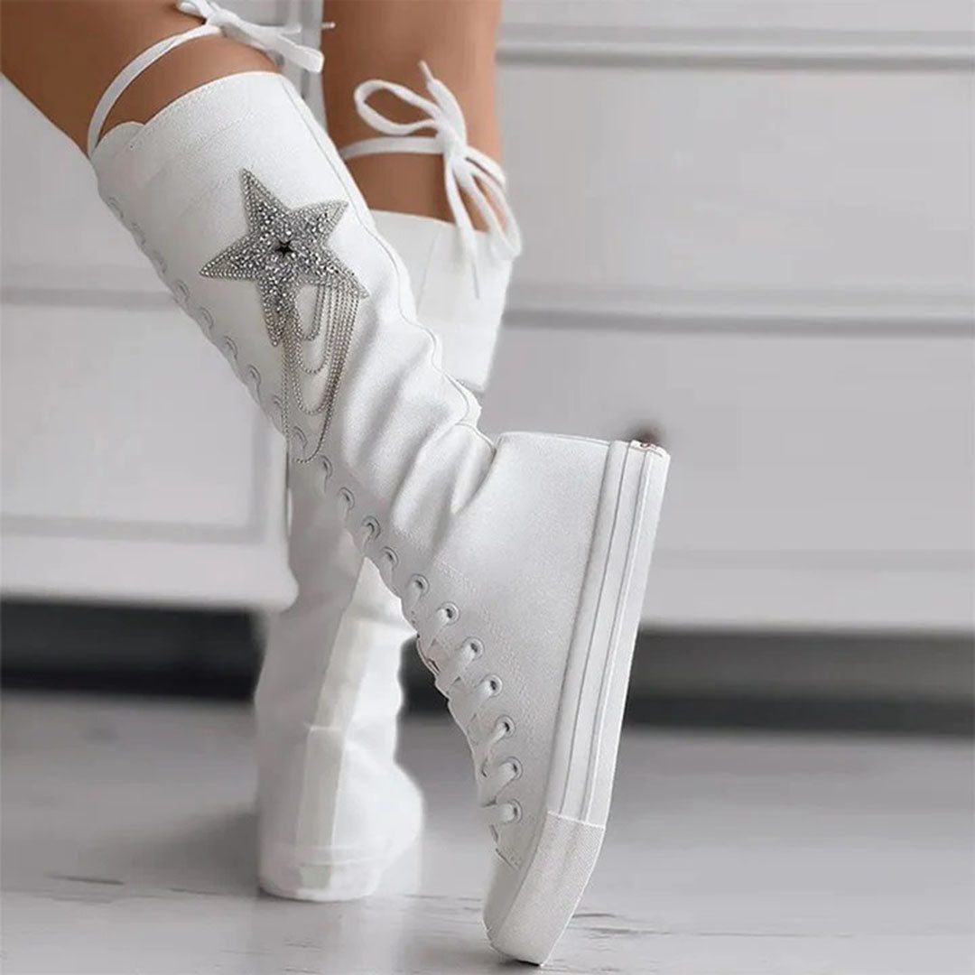 Bottes Montantes Lacées en Toile avec Motif Étoile pour Femme