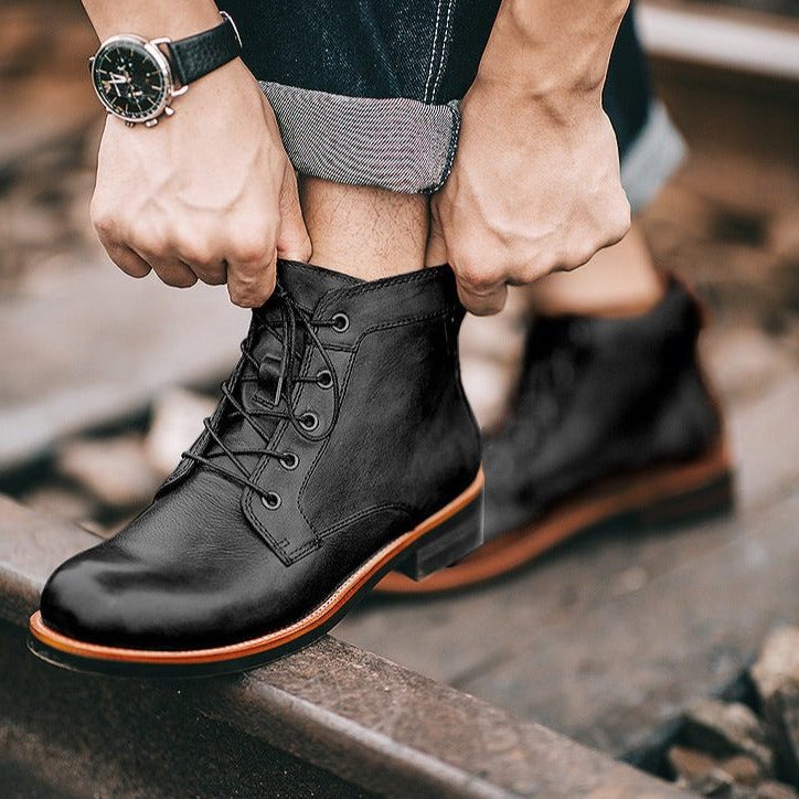 Bottes Lacées à Talons en Cuir Suédé pour Homme - Noir