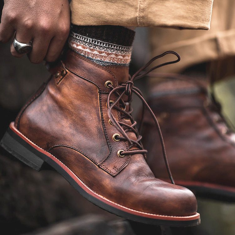 Bottes Lacées à Talons en Cuir Suédé pour Homme - Marron