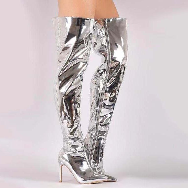 Bottes Montantes Bout Pointu Talon Aiguille pour Femme - Argent