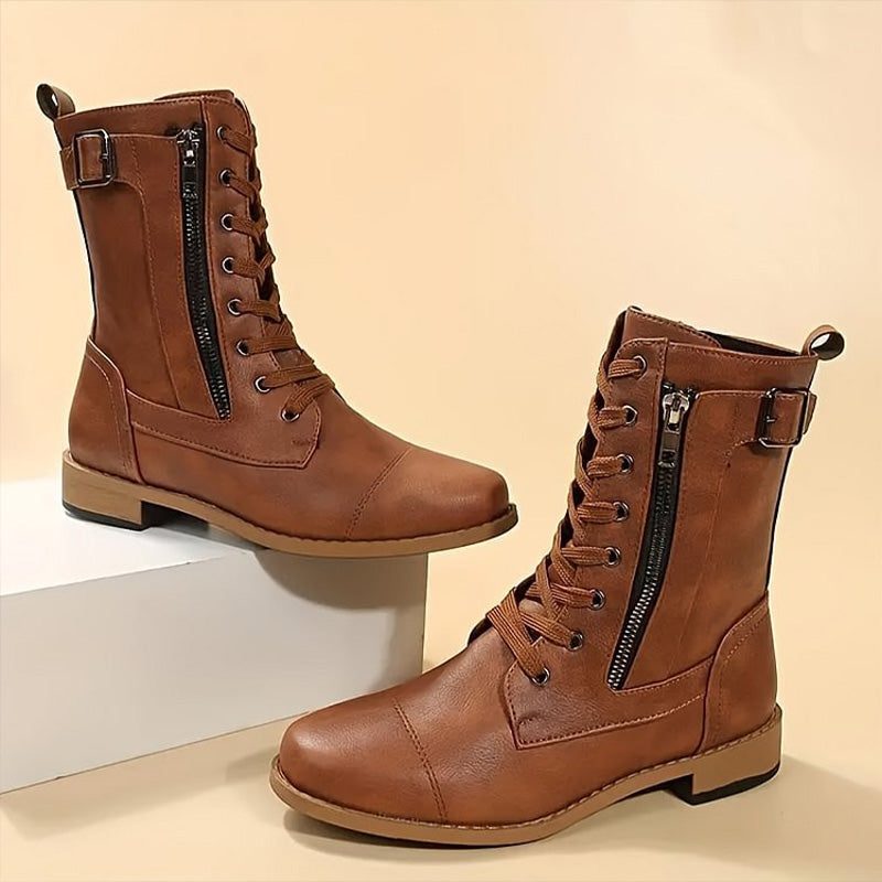 Bottines à Lacets avec Fermeture Éclair pour Femme - Marron (presque épuisé)