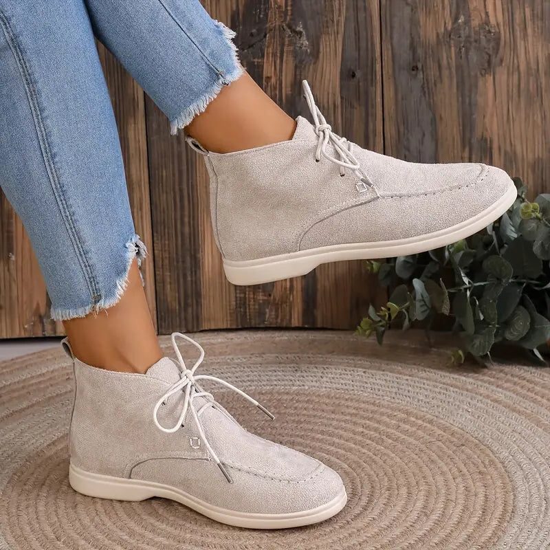 Bottines à Lacets Bout Rond pour Femme - Beige Blanc