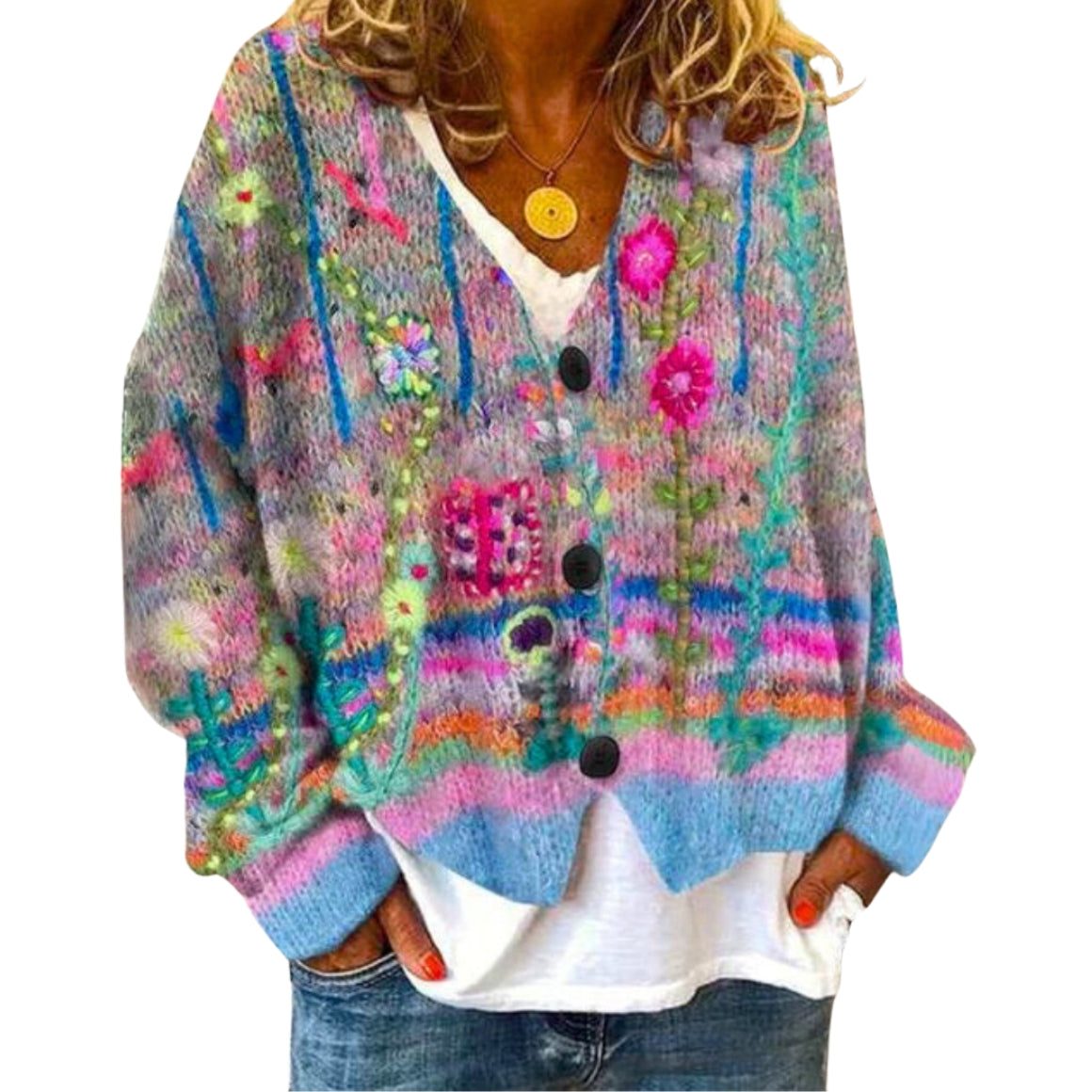Cardigan Boutonné à Fleurs Manches Longues pour Femme