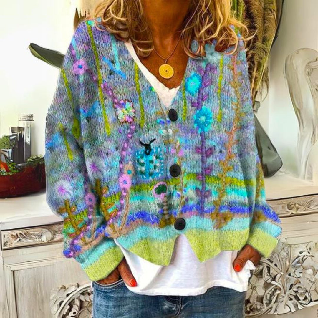 Cardigan Boutonné à Fleurs Manches Longues pour Femme - Vert