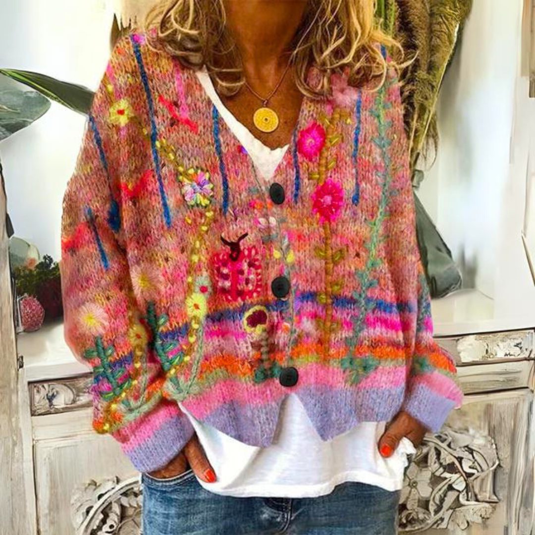 Cardigan Boutonné à Fleurs Manches Longues pour Femme - Rouge